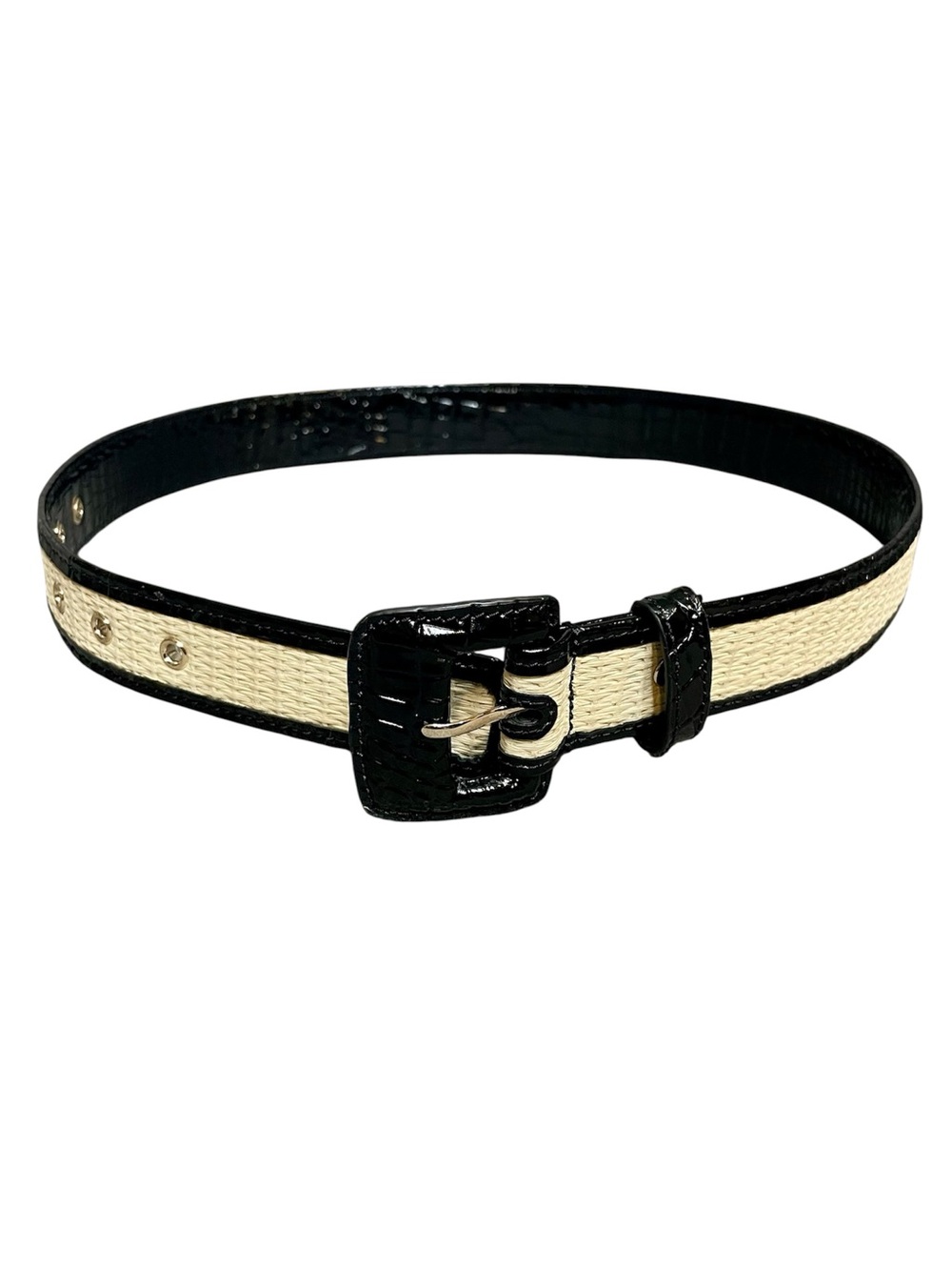 Brahmin Straw & Croc Embossed Black Patent Leather Buckled Adjustable Belt